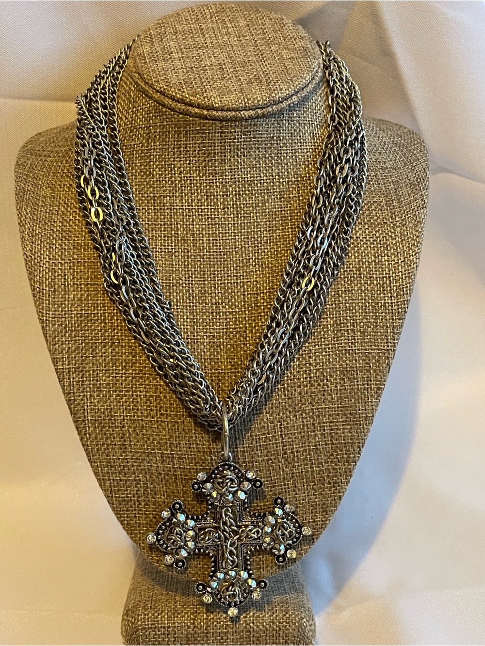Traci Lynn Silver-Tone Multi Strand Necklace with Jeweled Maltese Cross Pendant